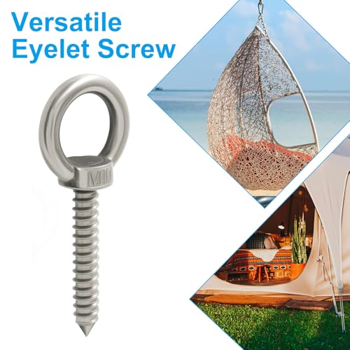4pcs Heavy Duty Screw Eye Hooks M10-4 Inch Self Tapping Stainless Steel Eyelet Screw with 500 LBS Load Capacity for Hanging, Hammock & Swing Chair - size: 4 Inch