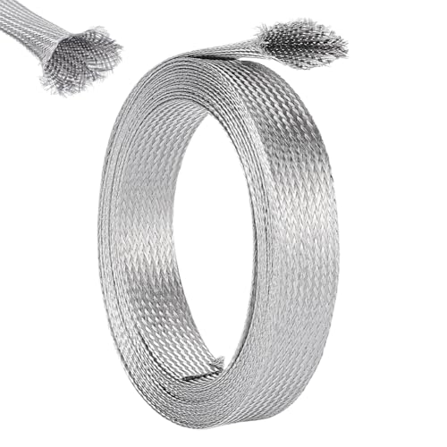 UNICRAFTALE 0.78" Wide 13.12 Feet Stainless Steel Braided Sleeving, Expandable Scalable Flexible Flat Metal Mesh Shielding Sleeve for Ground Straps Cable & Wire Protection - size: 4.4 Yards x 0.79in