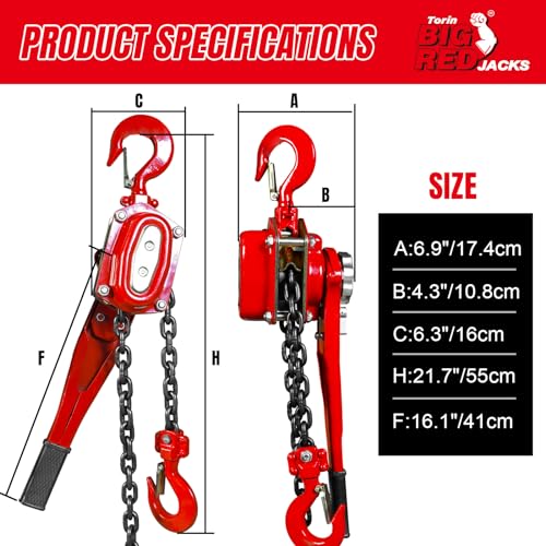 Big RED Manual Lever Chain Hoist,1-1/2 Ton 3000 lbs Capacity Come Along,G80 Grade Steel with Double-Pawl Brake,2 Heavy Duty 360° Rotation Hooks for Garage Factory Warehouse Ports Automotive Machinery - size: 1.5 Ton (3000 lbs)