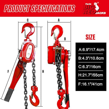 Big RED Manual Lever Chain Hoist,1-1/2 Ton 3000 lbs Capacity Come Along,G80 Grade Steel with Double-Pawl Brake,2 Heavy Duty 360° Rotation Hooks for Garage Factory Warehouse Ports Automotive Machinery - size: 1.5 Ton (3000 lbs)