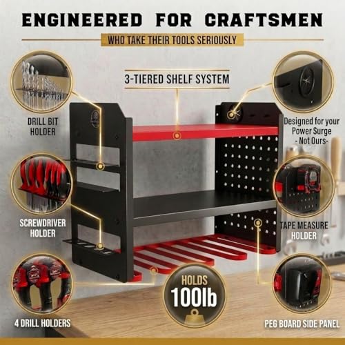BUILTSTRONG Power Tool Organizer Wall Mount – 3-Tier Heavy-Duty Steel Rack, 4 Drill Slots, Pegboard + Utility Side, 100 lb Capacity – Garage, Workshop & Shed Storage (Red) - color: Red, size: 4 Drill Holder