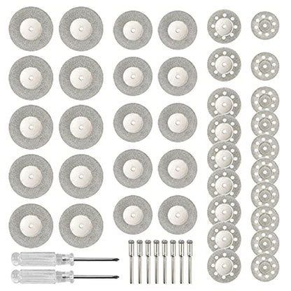 40 Pcs Diamond Cutting Wheel Set, 25mm/30mm/35mm/40mm Diamond Coated Cutting Wheel with 8 Pcs 3mm Mandrel and 2 Pcs Screwdriver