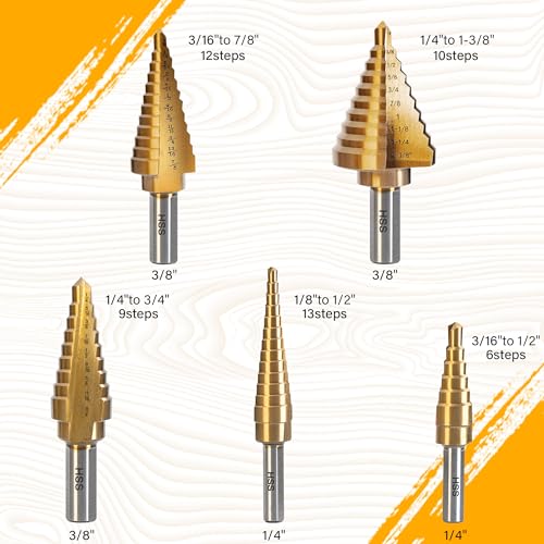 Step Drill Bit Set, 6 Pcs Titanium High Speed Steel Step Drill Bits with Extra Automotive Center Punch for Metal, Wood & Plastic, with Aluminum Case, 50 Sizes - style: 6PC