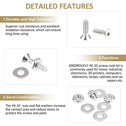 252 Pieces #6-32 x 1/4", 5/16", 3/8", 1/2", 5/8", 3/4", 1", 1-1/4", Countersunk Head Socket Cap Screws Nuts Washers Assortment Kit, 304 Stainless Steel, Fully Machine Thread - size: #6-32, style: Countersunk Head
