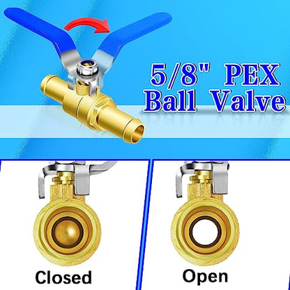 5/8'' Heater Hose Shut Off Ball Valves, 2Pcs Brass Barb Shut Off Ball Valves, 5/8'' PEX Shut Off Valves for Heater Hose, with 4Pcs Stainless Steel Clamps, Use for Water, Oil, Gas, Fuel line Fittings - size: 5/8 Inch