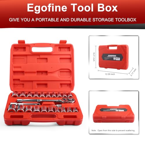 Egofine 1/2" Drive Socket Set, 23 Piece Standard SAE (7/16 to 1 inch) and Metric (13-19, 21, 22, 24mm) 6 Point, with Quick Release Ratchet, Extension Bars, Drive Drill Adapter - color: Red, size: 1/2" 23 PCS with 45 Teeth Ratchet