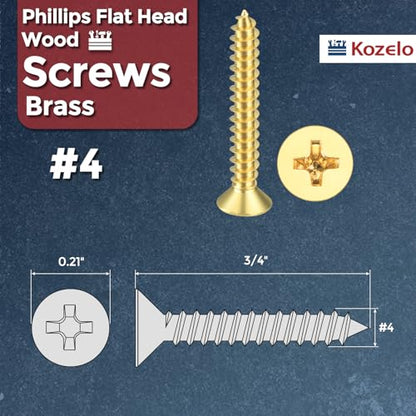 50pcs Phillips Flat Head Wood Screws - [#4x3/4] Brass Countersunk - size: #4x3/4"