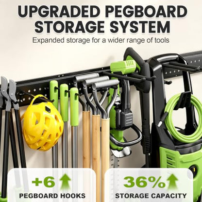 Garage Tool Organizer Wall Mount, 66 Inch Heavy Duty Garage Organization System with 13 Adjustable Hooks, Garden Tool Storage Rack for Garage, Yard & Shed, Holds Up to 520 lbs - size: 66" | 4 Panels + 13 Hooks