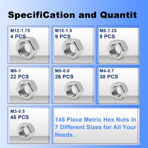 ZQZ 145 Pcs Metric Hex Nuts Assortment Kit; Stainless Steel (M3-M12) Nut - size: Metric Hex Nuts Assortment;145 PCS