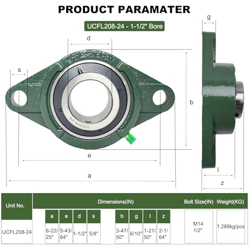 2 Pack UCFL208-24 Pillow Block Bearing – Flange 2 Bolt Mounted Pillow Block Bearings – Bearing Steel Bearings with 1-1/2" Bore - Self-aligning Bearings with Solid Cast Iron Base - style: UCFL208-24
