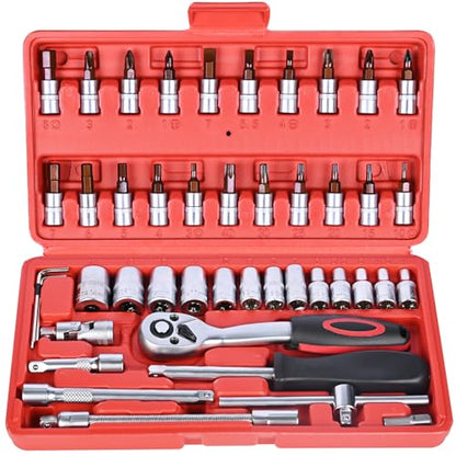 Egofine 46 Pieces 1/4 inch Drive Socket Ratchet Wrench Set Nickel Tool - color: Red, size: 1/4" 46 PCS with 72 Teeth Ratchet