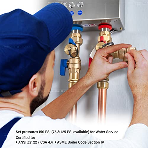Midline Valve GUHW-QSW256 Pressure Relief Valve for Tankless Water Heater, Forged Brass, 3/4 in. FIP x MIP - style: Single Pack