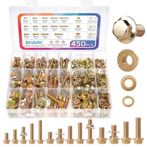 450PCS Metric Grade 8.8 Flange Bolts and Nuts Assortment Kit, M5 M6 M8 Hex Cap Flange Hex Bolts Flange Nuts Assorted Set, Yellow Zinc Plated, Length from 12-30mm (450Pcs M5 M6 M8) - size: M5/M6/M8 Yellow