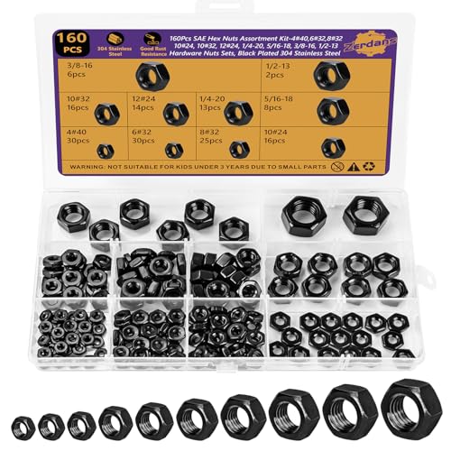 160Pcs SAE Hex Nut Assortment Kit - #4-40, #6-32, #8-32, #10-24, #10-32, #12-24, 1/4“-20, 5/16”-18,3/8“-16,1/2”-13-304 Stainless Steel Black Oxide Hardware Nuts Sets for Electronics, Mechanics & DIY - size: 160Pcs SAE Mixed Sizes Black