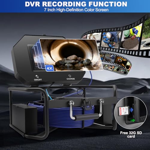 7" Sewer Camera w/DVR Function,4X Zoom, Plumbing Drain Pipe Inspection Cam - size: 7inch/30M/100FT