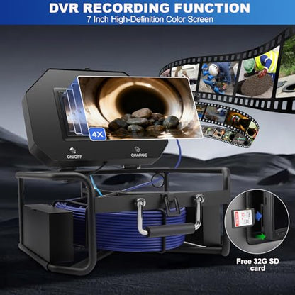7" Sewer Camera w/DVR Function,4X Zoom, Plumbing Drain Pipe Inspection Cam - size: 7inch/30M/100FT