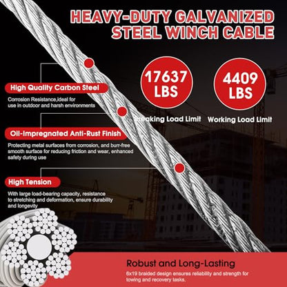 Steel Winch Cable,3/8" x 75' Wire Rope with Swivel Hook,17637 Lbs Breaking Strength,6x19 Strand Core Steel Towing Cable for Tow Truck,Crane,Wrecker - size: 75 ft
