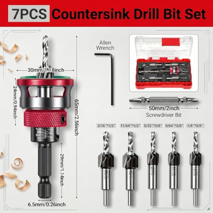 Countersink Drill Bit Set for Woodworking, 7-Piece
