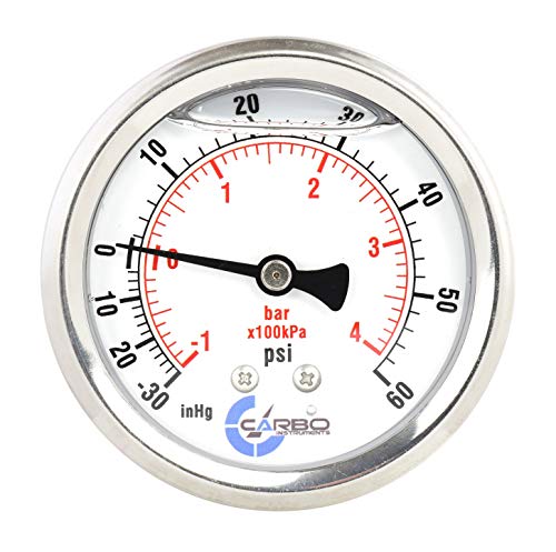 1-1/2" Pressure Gauge, Stainless Steel Case, Chrome Plated Brass Connection, Lqiuid Filled, Compound Vacuum -30 Hg - 0-60 psi Back Mount 1/8" NPT - style: -30 / 0 / +60 inHg/psi