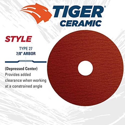 Weiler 69854 Tiger Ceramic Alumina Resin Fiber Sanding & Grinding Disc, 4-1/2" Diameter, 80 Grit, 7/8" Arbor Hole (Pack of 25) - size: 7/8" Arbor, style: 80 Grit