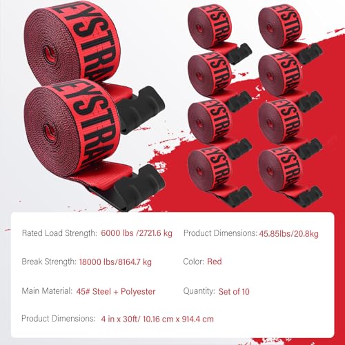 Red Winch Straps 4" x 30 FT - Heavy Duty Flat Hook Tie Downs with 18000lb Break Strength, 6000lb Safe Working Load for Recovery, Flatbed Trailers, Trucks & Farm Use - color: Red