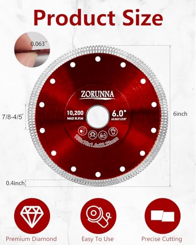 ZORUNNA 2Pcs 6" Diamond Saw Blade for Grinder, Tile Saw Blade 7/8" Arbor - size: 6"