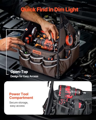 VEVOR Tool Bag, 13 Inch, 45-Pocket Open Top Tool Tote, Electrical Maintenance Toolbox Organizer Storage with Handle, Adjustable Shoulder Strap, Portable Toolbag, for Professionals DIY & Jobsite Use