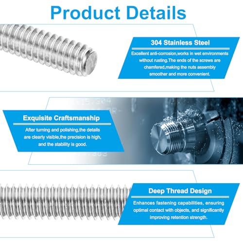 PATIKIL 1/4"-20 UNC 304 Stainless Steel Fully Threaded Rod, 15Pcs 5.5" Length Long Threaded Screw Right Hand Threads All Threaded Rod Studs for Anchoring Bolt, Clamps, Hangers and U-Bolts - size: 1/4"-20 x 5.5"