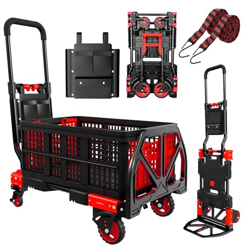 Folding Hand Truck, 2 in 1 Portable Heavy Duty Carrying Moving Dolly Cart with 4 Foldable Wheels and Retractable Handle Duty 330lbs (Red with Folding Basket) - color: Red-b