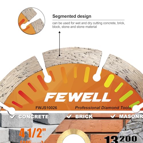 FEWELL 4 1/2 Inch Diamond Concrete Saw Blade,Segmented Concrete Blade for Angle Grinder Dry/Wet Cutting Masonry Brick Block Stone with 7/8"-5/8” Arbor - size: 4.5"