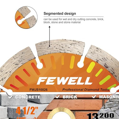 FEWELL 4 1/2 Inch Diamond Concrete Saw Blade,Segmented Concrete Blade for Angle Grinder Dry/Wet Cutting Masonry Brick Block Stone with 7/8"-5/8” Arbor - size: 4.5"