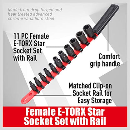 SEDY 11-Piece E-Torx Socket Set - Star Sockets Set with Socket Rail, External Torx Socket with Organizer, External Socket-Set, E4 E5 E6 E7 E8 E10 E12 E14 E16 E18 E20 Reverse Sockets Set - style: 11-Piece E-Torx - (E4-E20)