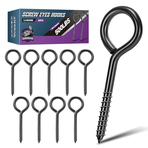 5.2 inch Eye Bolts - 10 Pcs Eyes Hooks Screw Heavy Duty 500 lbs Breaking Strength Black Rust-Resistant, Self Tapping Eyelet Screw for Wood Securing, Hammock Stand, Indoor & Outdoor Use - size: 5.2" 10Pcs