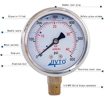 Pressure Gauge,Glycerin Liquid Filled,2" Dual Scale Dia,0-600 psi/bar/kpa,1/4" NPT Brass Connection,Lower Mount, Stainless Steel Case,for Air Compressor,Pump,Tube,Valve,Gas Air Water Oil Test - size: 0-600 psi