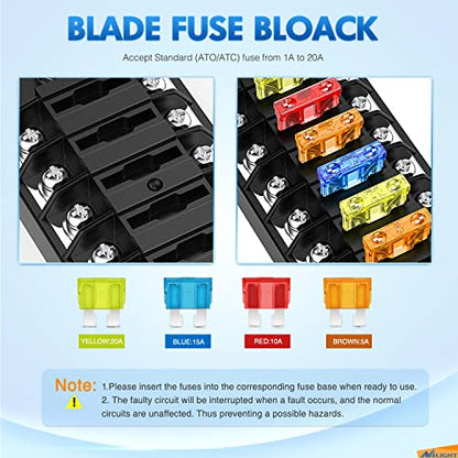 Nilight 12 Way Fuse Block with Negative Bus 12V Blade Holder ATC/ATO Standard Box Label Stickers Waterproof Cover Panel for Automotive Cars Trucks RVs Campers Vans - color: 12 Way Fuse Block