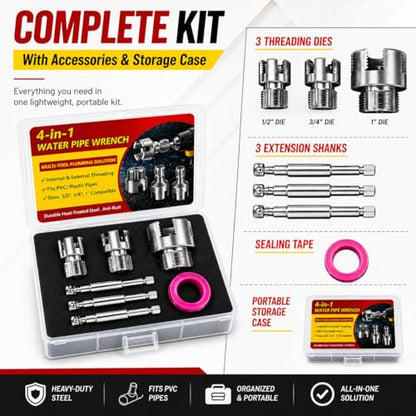 Internal & External Pipe Threading Tool Set, 3Pcs PVC Pipe Threader Kit for 1/2", 3/4" and 1" PVC Plastic Pipes, Heavy-Duty Alloy Steel, Electric Drill Compatible for Plumbing and DIY