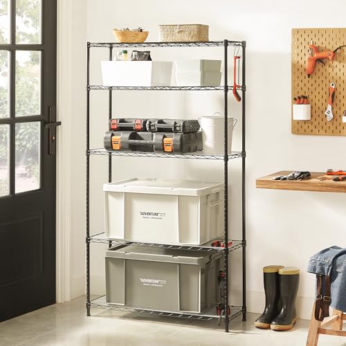 SONGMICS 5-Tier Storage Shelves, Adjustable Wire Shelving Unit, 8 Hooks - color: Ink Black, size: 5 Tiers (11.8"D x 35.4"W)