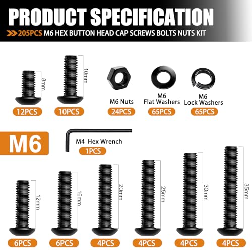 mankk 204PCS M6 Screws Kit M6 x 8/10/12/16/20/25/30/35mm Hex Socket Head Cap Bolts Nuts & Washers Assortment Kit 12.9 Grade Alloy Steel Machine Screws - size: M6