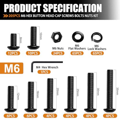mankk 204PCS M6 Screws Kit M6 x 8/10/12/16/20/25/30/35mm Hex Socket Head Cap Bolts Nuts & Washers Assortment Kit 12.9 Grade Alloy Steel Machine Screws - size: M6