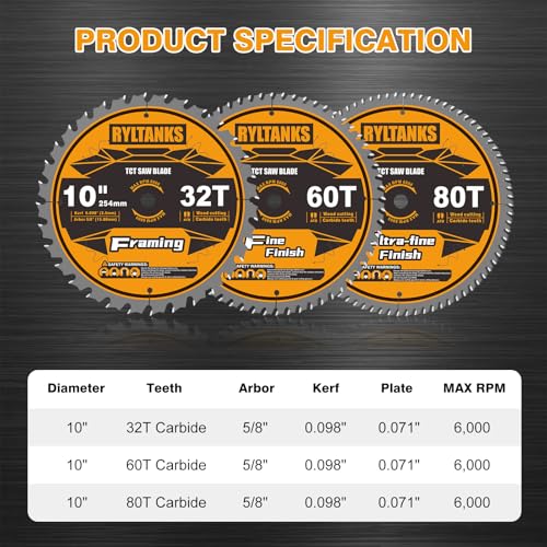 10 Inch Table Saw Blade/Miter Saw Blade, 5/8" Arbor, 32T for Framing&60T for Fine Finish&80T for Ultra Fine Finish Wood Cutting, 3-Pack