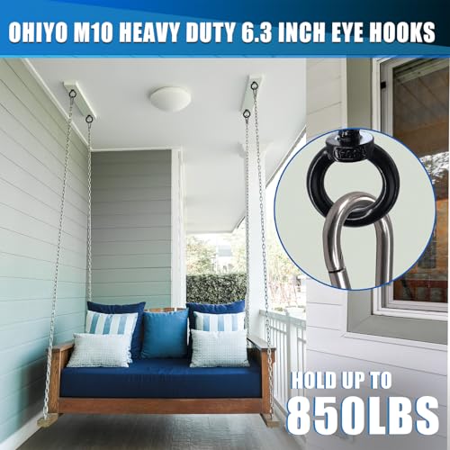 OHIYO 6.3 Inch Heavy Duty Eye Hooks M10 Self Tapping Eyelet Screw Load Capacity 850 LBS Heavy Duty Screw in Eye Hooks for Hammock Stand, Swing Chair, Yoga, Heavy Indoor & Outdoor Uses (Black) - color: Black - Eye Hook