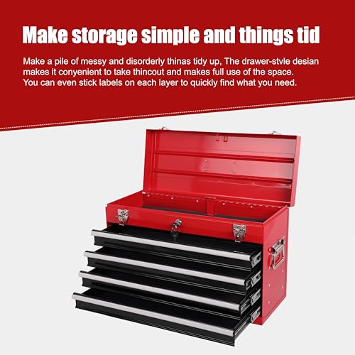 21-inch Portable Metal Tool Box with 4 Drawers, Steel Toolbox with Locking Lid, EVA-Lined Ball-Bearing Slides & Powder-Coated Finish, Top Tool Chest for Mechanic & Craftsman Use, Red + Black - color: Red + Black