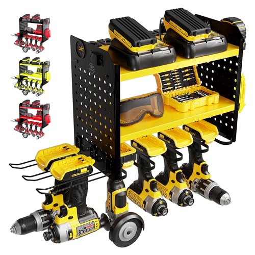 BUILTSTRONG Power Tool Organizer Wall Mount – 3-Tier Heavy-Duty Steel Rack, 6 Drill Slots, Dual Pegboard Sides, Side-by-Side Modular, 100 lb Capacity – Garage & Workshop (Yellow) - color: Yellow, size: 6 Drill Holder