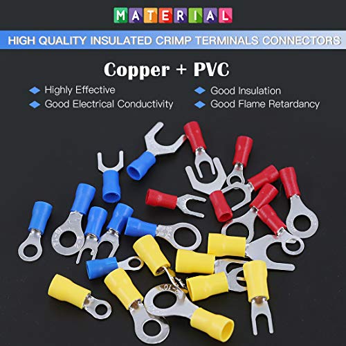Glarks 360pcs 22-16/16-14/12-10 Gauge Quick Disconnect Electrical Insulated Spade Fork Ring Solderless Crimp Terminals Connectors Assortment Kit