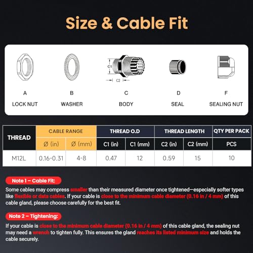 QILIPSU 10pcs M12L Long Thread Cable Gland Waterproof IP68 Nylon Strain Relief Cord Grip Cable Pass Through Wire Connector - size: M12L