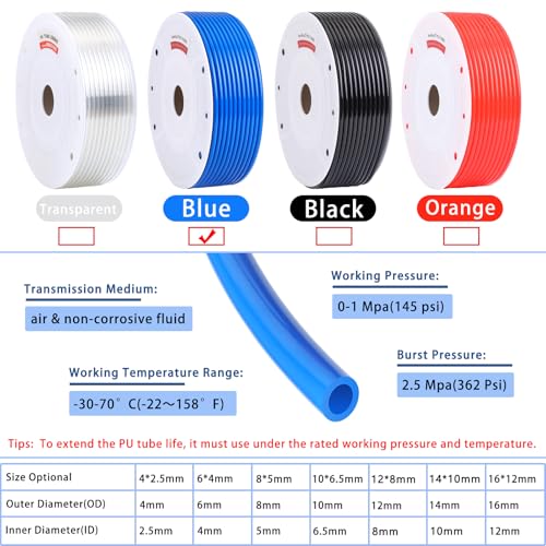 VerRich Pneumatic Tubing Pipe PU Hose Blue 10mmOD x 6.5mmID 295FT 90M - color: Blue, size: OD10mm*ID6.5mm 295 FT(90 Meters)