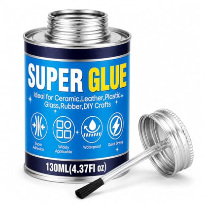 Super Glue with Brush 130ml, All Purpose Clear Strong Adhesive Waterproof Instant Glue Gel for Wood Ceramic Glass Leather Plastic Rubber Metal DIY Crafts Industrial Repairs
