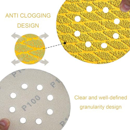 110Pcs 5 Inch Hook and Loop Sanding Discs | 8-Hole Dust-Free, 220 Grits Yellow Diamond | 135G Latex Backing | for Wood/Metal/Auto