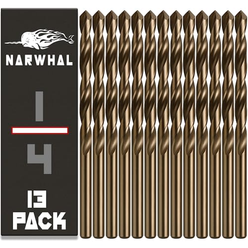 Narwhal 1/4" Drill Bits (M35 Cobalt - 13 Pack) 4 Inch Length for Drilling Into Metal, Hardened & Stainless Steel - size: 1/4 in