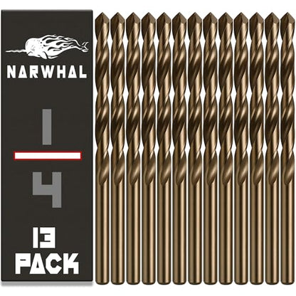 Narwhal 1/4" Drill Bits (M35 Cobalt - 13 Pack) 4 Inch Length for Drilling Into Metal, Hardened & Stainless Steel - size: 1/4 in